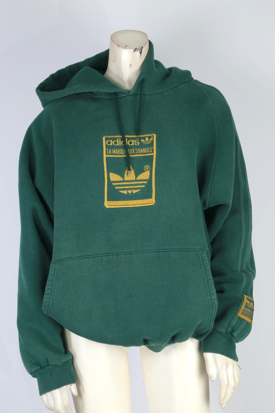 Vintage 90s Adidas La Marque Aux 3 Bandes Forest Green Gold Hoodie Sweatshirt L